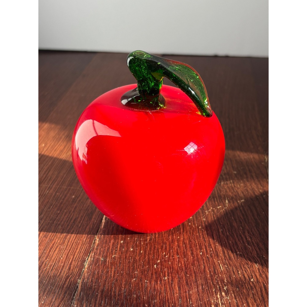 Formia Murano Red Art Glass Apple Paperweight Green Stem Leaf Attributed